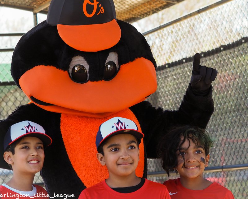 The Oriole Bird at ALL's opening day celebration having fun with our players